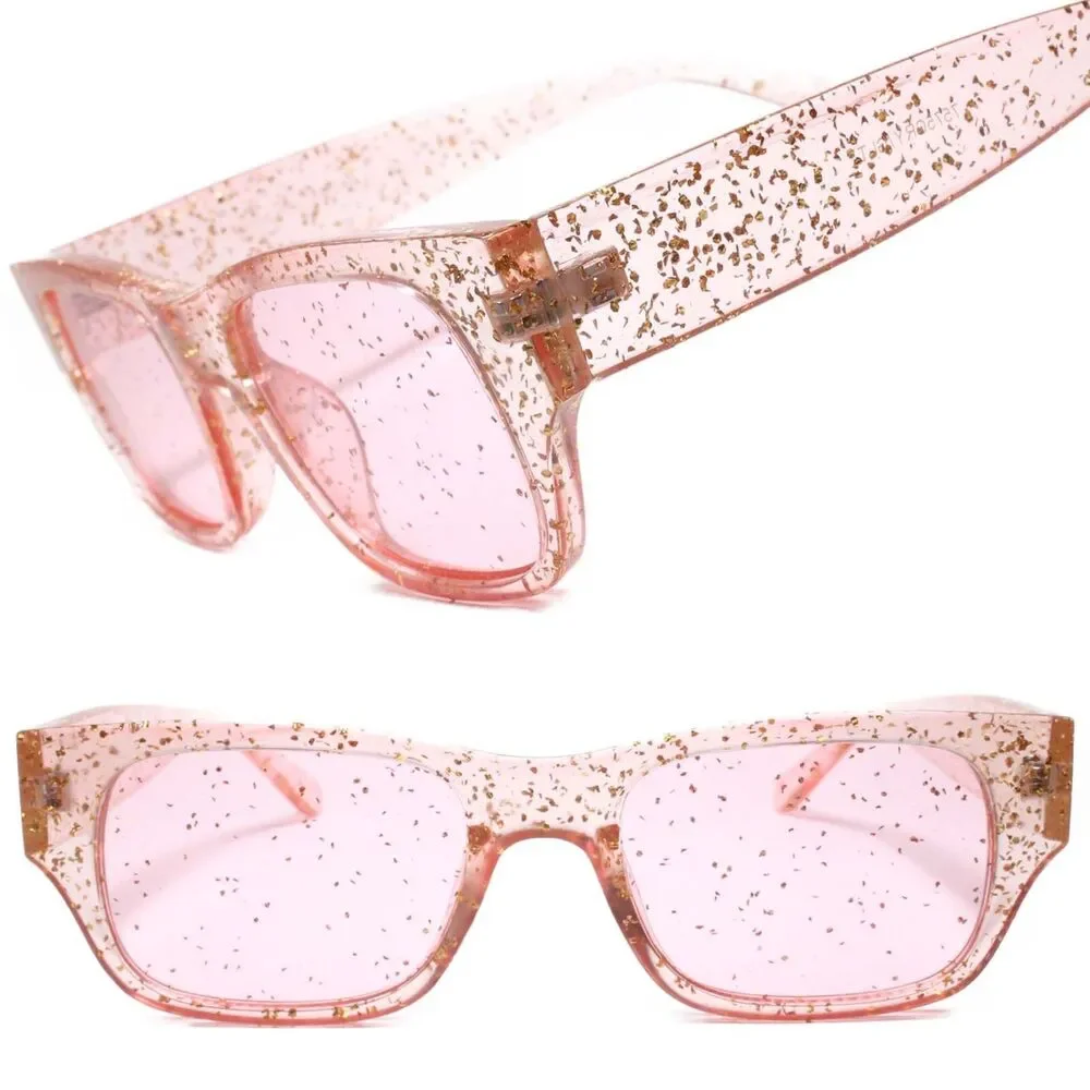 Pink Glitter Rectangle Sunglasses Sparkle Crystal Frame
